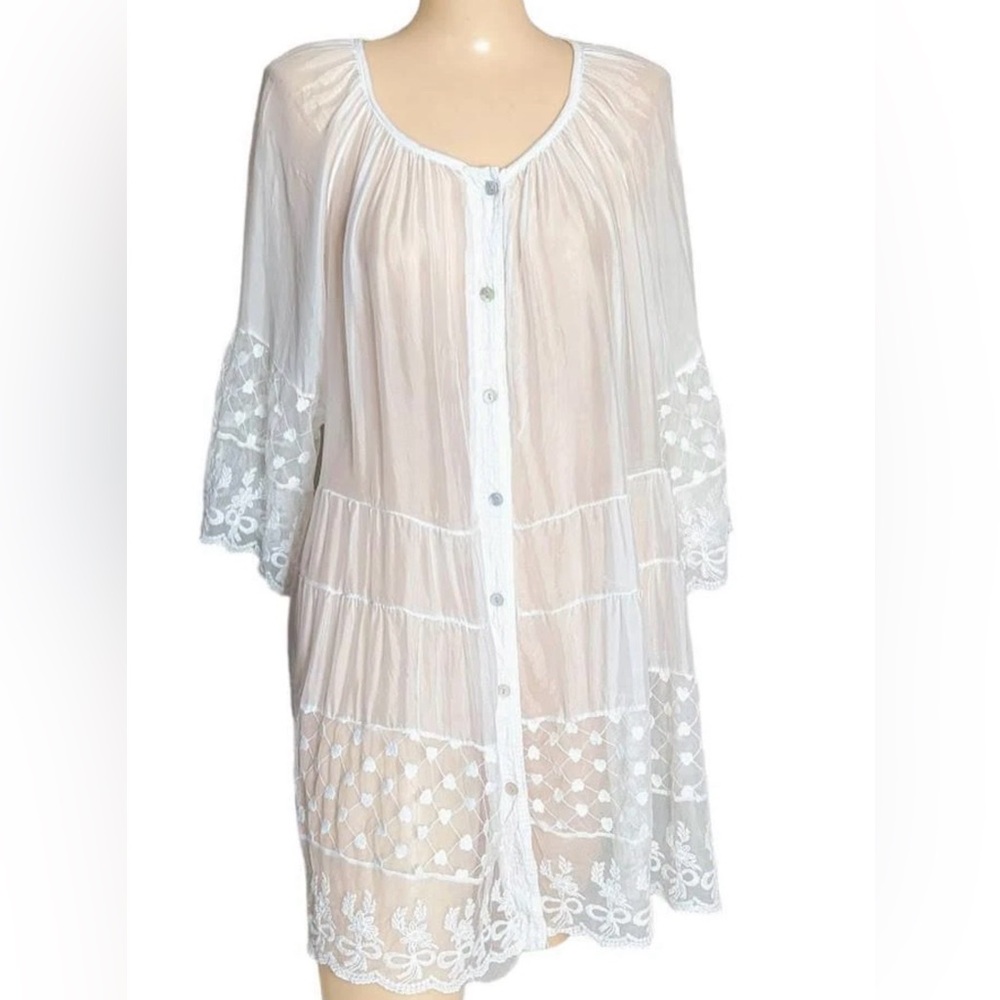 Silk and lace tunic top cover up mini dress white button down XL X large